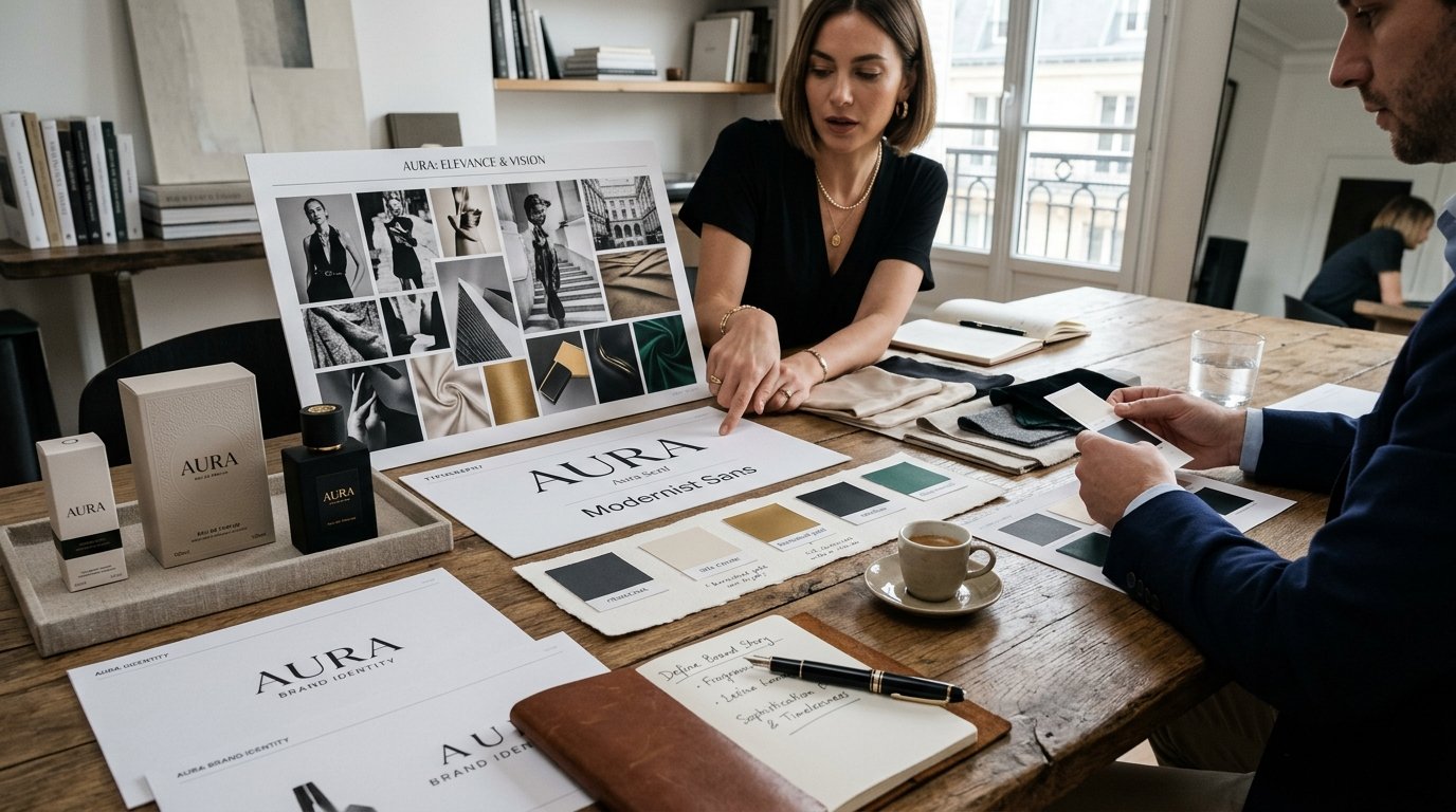 Luxury brand strategy mood boards color swatches and typography samples for premium positioning