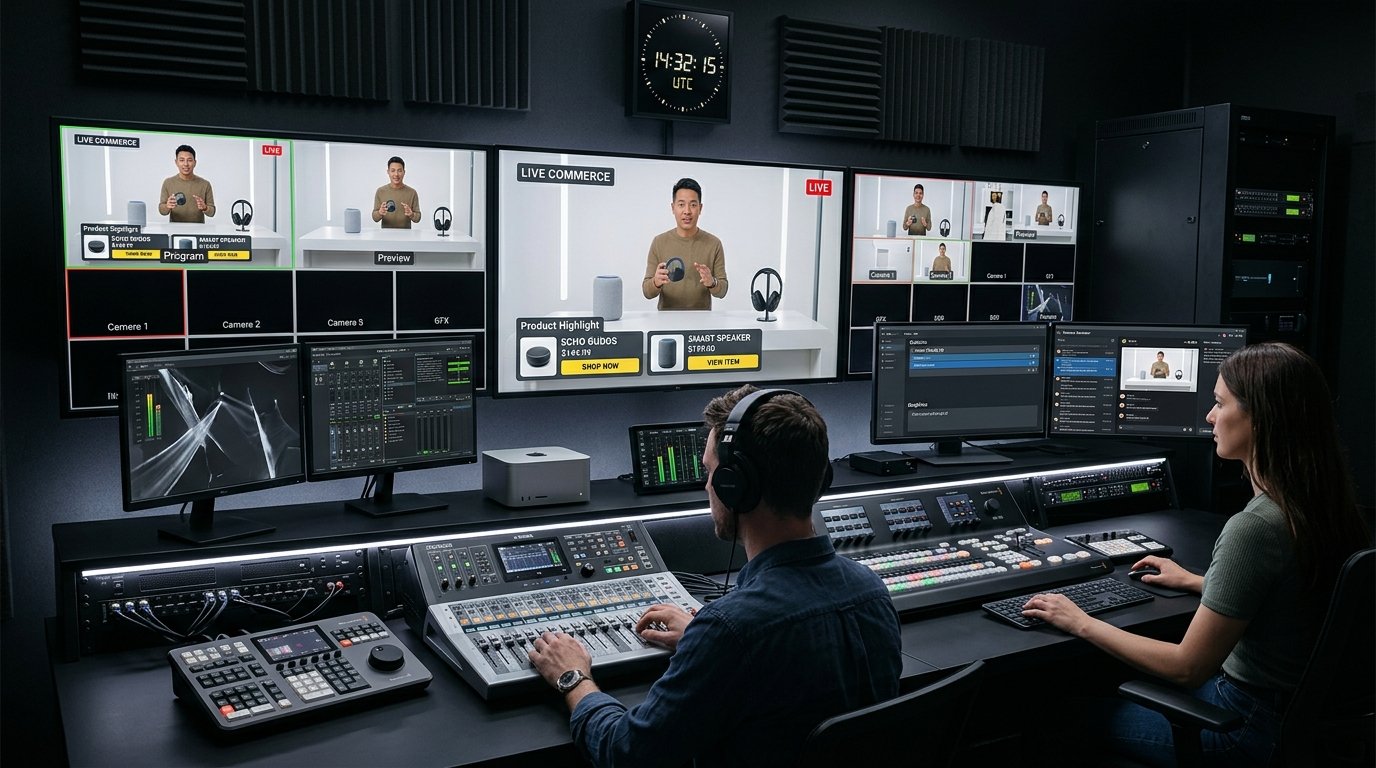 Live video broadcasting studio control room editing real-time shoppable stream overlays and product tags