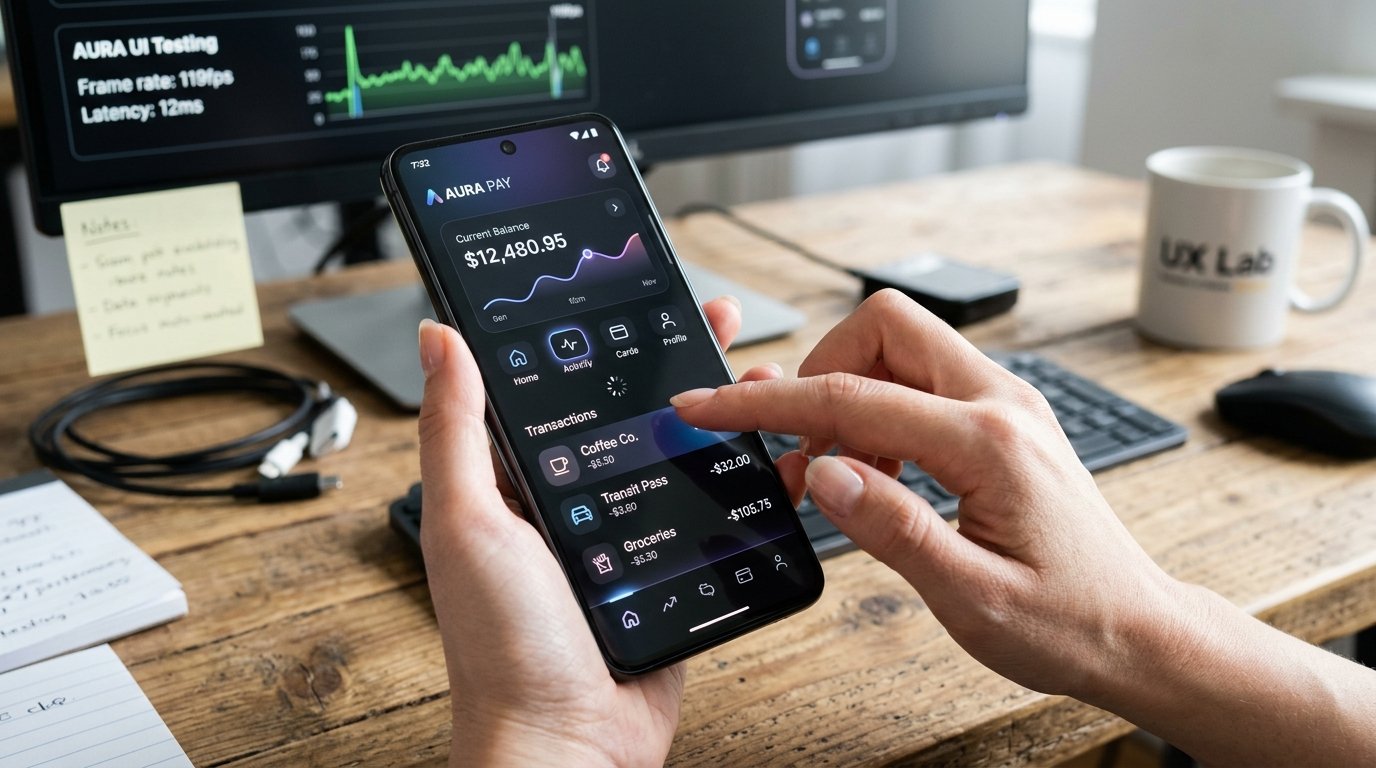 Hands testing a sleek mobile app UI interface with responsive ergonomics on a flagship smartphone