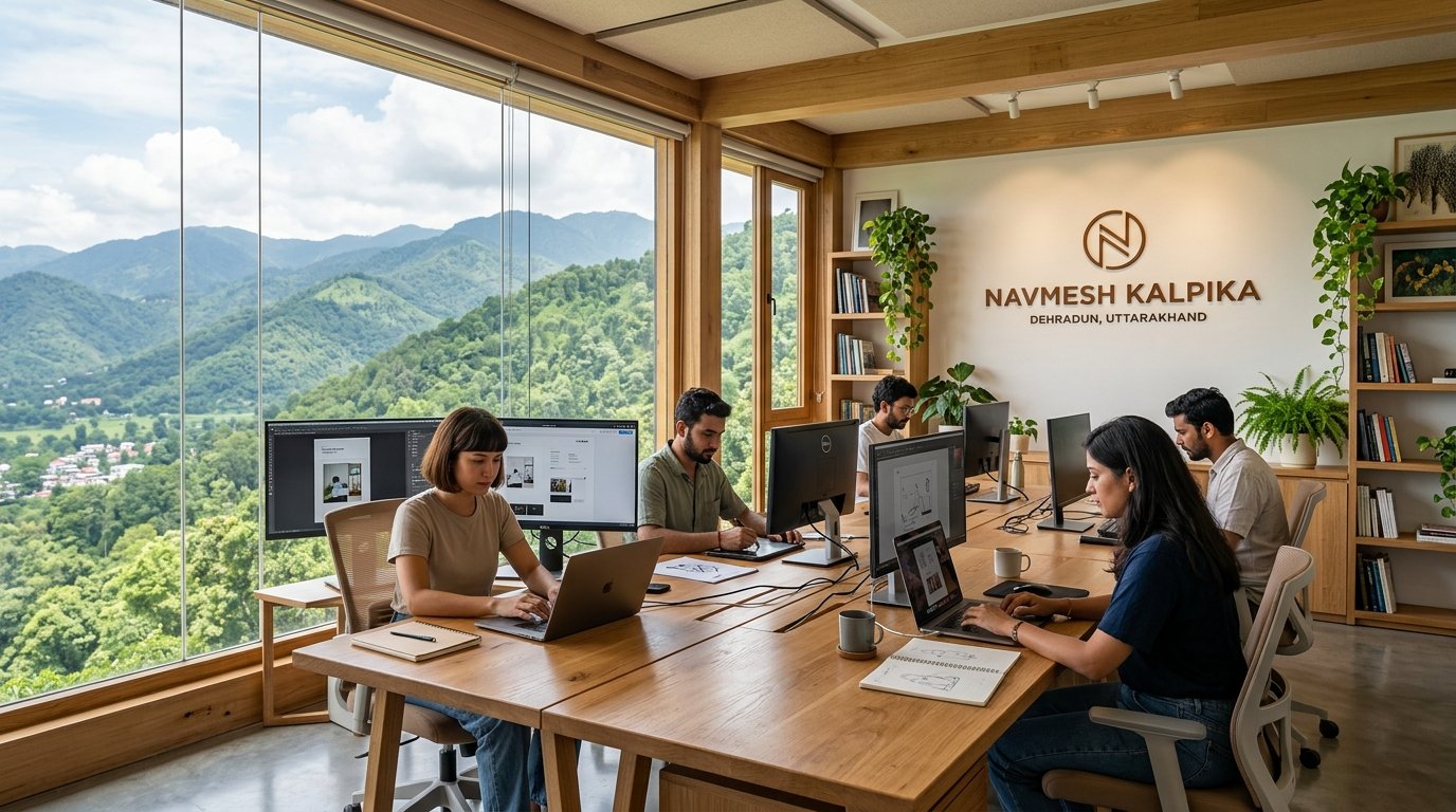 Creative team collaborating in modern Navmesh Kalpika website development studio in Uttarakhand